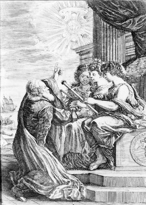 Galileo offering his telescope to three women (possibly Urania and ...