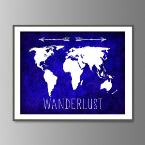World map & Famous travel quote 'WANDERLUST' poster art print home ...