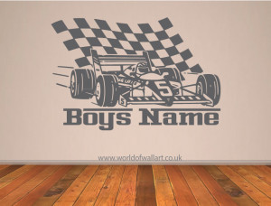 Personalised F1 Racing Car Wall Sticker, large boys bedroom name decal