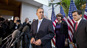 with House GOP leaders, speaks with reporters following a Republican ...