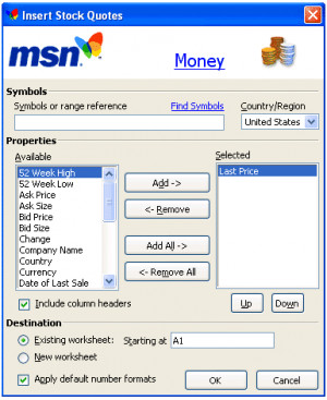 MSN MoneyCentral Stock Quotes Add-In Excel