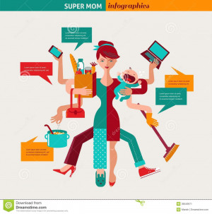 Super Mom - mother with baby, working, coocking, cleaning and make a ...