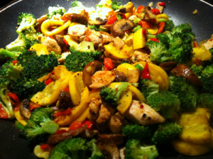 ... squash, broccoli, mushrooms, diced tomatoes garlic in red curry sauce