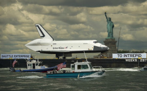 Space #Shuttle Enterprise passes the Statue of Liberty atop a barge ...