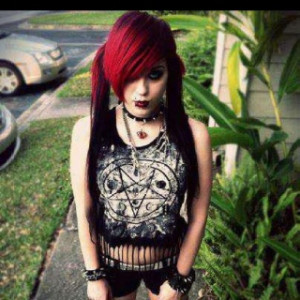 Black hair with red. Fringe shirt.