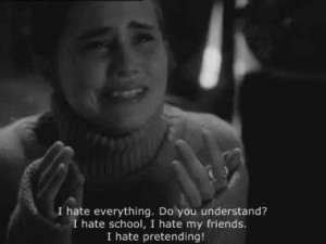... girl, grey, hate, i hate, photo, pretending, sad, school, text, white