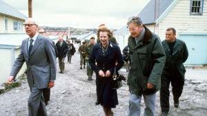 Margaret Thatcher tours the Falkland Islands in January 1983.