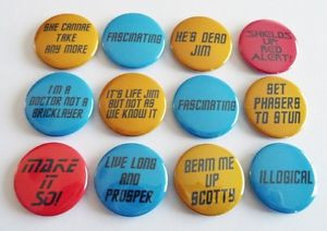 STAR-TREK-QUOTES-BUTTON-PIN-BADGES-SET-OF-12-ILLOGICAL-BEAM-ME-UP