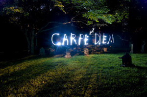 carpe diem, graveyard, haunted, light, photography, quote, text