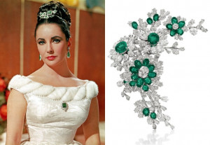 Elizabeth Taylor and her emeralds. Brooch on right is Bulgari.