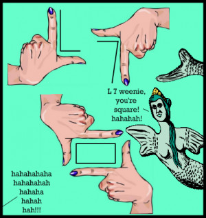 Forming an “L” with one hand and a “7” with another creates ...