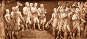 , front, L-R) John Adams, Thomas Jefferson, and Benjamin Franklin ...
