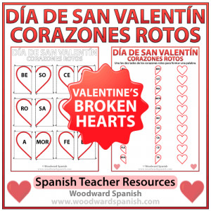 Valentine’s Day Broken Hearts Worksheet and Flash Cards in Spanish