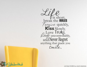 Life is Short Break The Rules Quote Saying Wall Graphic Decal Sticker ...