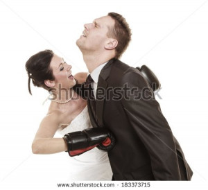 conflict. Funny married couple fighting. Wife showing her husband