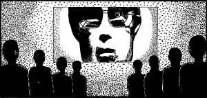 Drawing of 1984 Big Brother from Apple Macintosh advertisement. Crowd ...