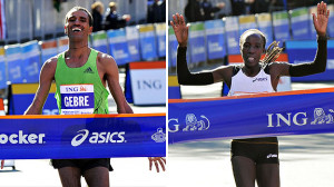 ... Marathon. Edna Kiplagat of Kenya crosses the finish line to win the