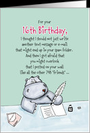 16th Birthday - Humorous, Whimsical Card with Hippo card - Product ...