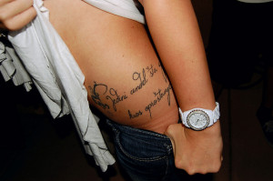 Quote Tattoo On Girl Left Thigh