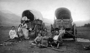 Mormon pioneer families migrating west.