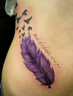 feather tattoo, I love the purple and the birds but I can do without ...