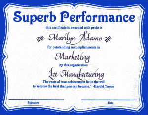 Superb Performance certificate award reads: