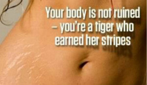 ... men standing over her and pointing at her stretch marks on her belly