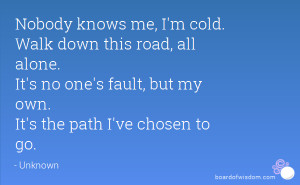Nobody knows me, I'm cold. Walk down this road, all alone. It's no one ...