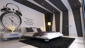 Grey-and-white-bedroom-with-insipiration-wall-quote-furry-rug