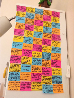 Doctor Who quotes on sticky notes wall