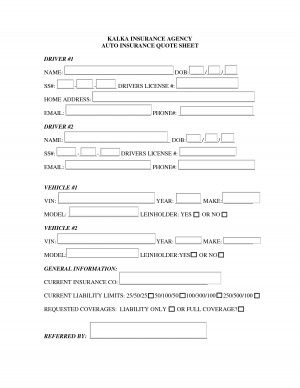 KALKA INSURANCE AGENCY AUTO INSURANCE QUOTE SHEET DRIVER #1