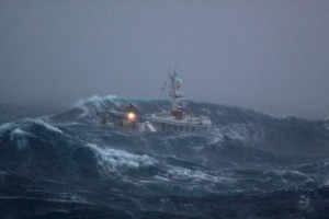 Ship caught in the rough sea of New Zealand