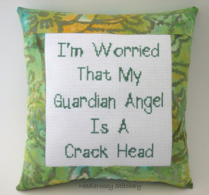 Funny Cross Stitch Pillow, Green Pillow, Guardian Angel Quote. $20.00 ...
