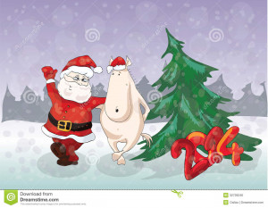 2014 funny horse in red cap with cheerful Santa dancing near Christmas ...