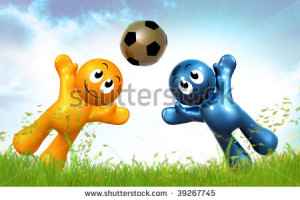 3d funny icon couple playing soccer ball on meadow background - stock ...