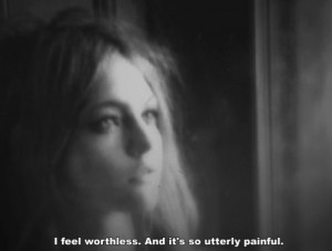 black and white, girl, painful, quote, text, worthless