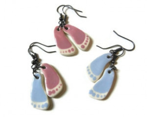 Tiny Footprint Dangle Earrings, Pink and Blue Ceramic Baby Footprint ...