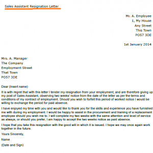 Sales Assistant Resignation Letter Example