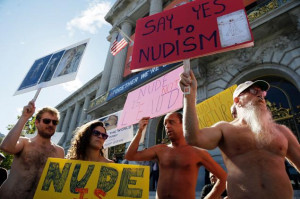 ... against a proposed nudity ban outside of City Hall in San Francisco