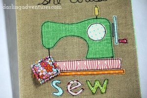 ... cute sewing machine, complete with a bit of loose fabric being “sewn
