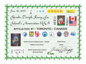 Shaolin Temple USA Certificate