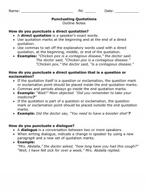 Punctuating Quotations Name Pd Date Punctuating Quotations Outline ...