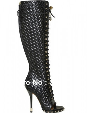 fashion women sandal knee boots black leather peep toe gladiator boots