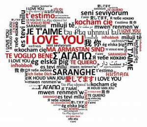 Geart shape made of the word love in many languages