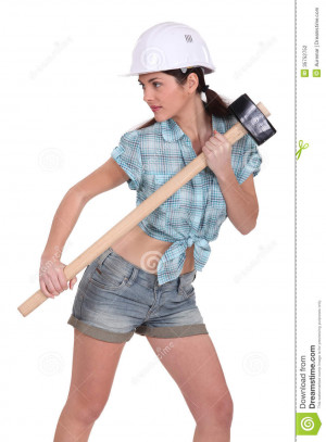 Sexy construction worker with a sledgehammer.