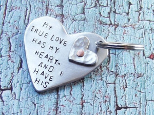 True Love Quote Metal Double Heart Riveted Keychain
