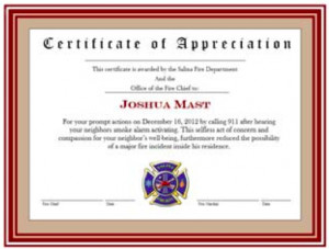 Certificate Appreciation Given Local Firefighters For Job Well