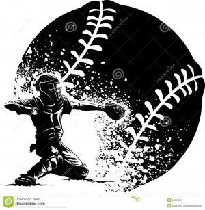 Black and white illustration of a catcher at home plate getting ready ...