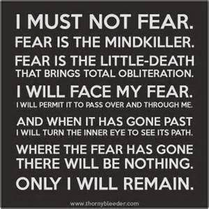 Fear is the mind killer. Dune. Oddly enough I have to tell myself this ...