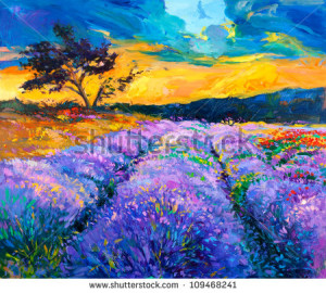 ... oil painting of lavender fields on canvas.Modern Impressionism